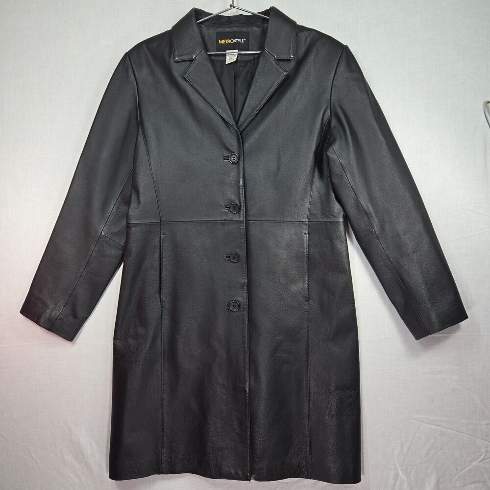 VTG Metro Style Y2K Black Leather Long Blazer Jacket Womens Size 12 Coat Classic